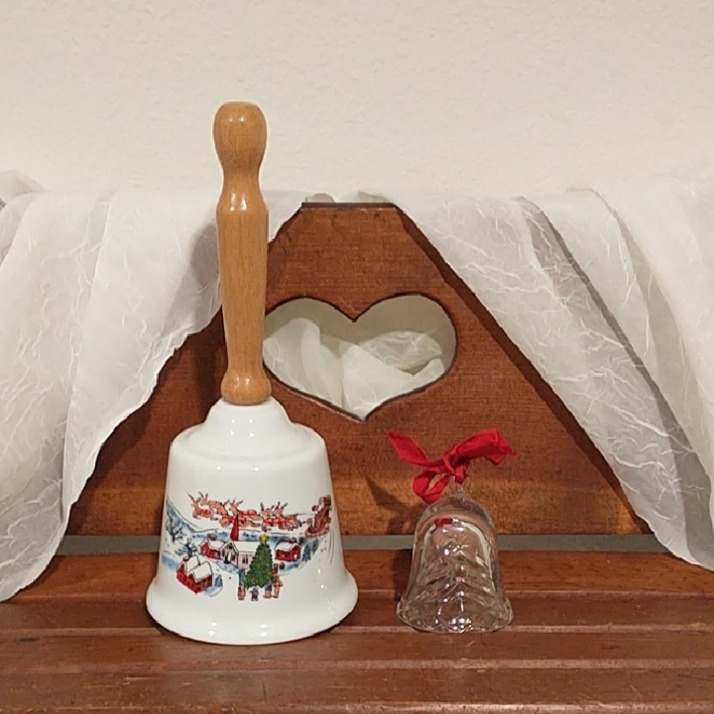 Samobor Crystal Bell and Festive White and Brown Holiday Bell with Wooden Handle